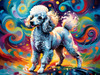 Expressive Poodle Art Print with Swirling Patterns in a Fantasy Landscape