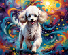 Expressive Poodle Art Print with Swirling Patterns in a Fantasy Landscape