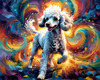 Expressive Poodle Art Print with Swirling Patterns in a Fantasy Landscape