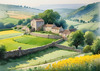 Fields of Green and Gold Divided by Old Stone Walls Landscape Print