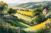Fields of Green and Gold Divided by Old Stone Walls Landscape Print