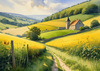 Fields of Green and Gold Divided by Old Stone Walls Landscape Print