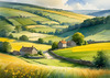 Fields of Green and Gold Divided by Old Stone Walls Landscape Print