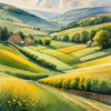 Fields of Green and Gold Divided by Old Stone Walls Landscape Print