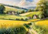 Fields of Green and Gold Divided by Old Stone Walls Landscape Print