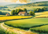 Fields of Green and Gold Divided by Old Stone Walls Landscape Print