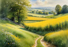Fields of Green and Gold Divided by Old Stone Walls Landscape Print