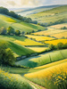 Fields of Green and Gold Divided by Old Stone Walls Landscape Print