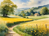Fields of Green and Gold Divided by Old Stone Walls Landscape Print