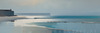 Minimalist Landscape Art of a Calm Foggy Seaside in Muted Blues and Greys