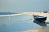 Minimalist Landscape Art of a Calm Foggy Seaside in Muted Blues and Greys