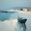 Minimalist Landscape Art of a Calm Foggy Seaside in Muted Blues and Greys