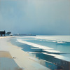 Minimalist Landscape Art of a Calm Foggy Seaside in Muted Blues and Greys