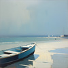 Minimalist Landscape Art of a Calm Foggy Seaside in Muted Blues and Greys