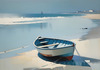 Minimalist Landscape Art of a Calm Foggy Seaside in Muted Blues and Greys