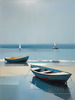 Minimalist Landscape Art of a Calm Foggy Seaside in Muted Blues and Greys