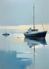 Minimalist Landscape Art of a Calm Foggy Seaside in Muted Blues and Greys