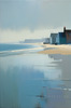 Minimalist Landscape Art of a Calm Foggy Seaside in Muted Blues and Greys