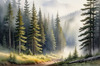 Printable art of a foggy morning in a spruce forest with muffled sounds