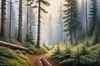 Printable art of a foggy morning in a spruce forest with muffled sounds