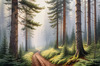 Printable art of a foggy morning in a spruce forest with muffled sounds