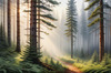 Printable art of a foggy morning in a spruce forest with muffled sounds