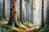 Printable art of a foggy morning in a spruce forest with muffled sounds