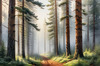 Printable art of a foggy morning in a spruce forest with muffled sounds