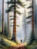 Printable art of a foggy morning in a spruce forest with muffled sounds