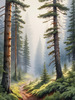Printable art of a foggy morning in a spruce forest with muffled sounds