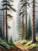 Printable art of a foggy morning in a spruce forest with muffled sounds