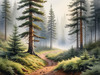 Printable art of a foggy morning in a spruce forest with muffled sounds