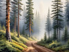 Printable art of a foggy morning in a spruce forest with muffled sounds