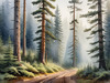 Printable art of a foggy morning in a spruce forest with muffled sounds