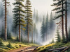 Printable art of a foggy morning in a spruce forest with muffled sounds