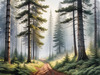 Printable art of a foggy morning in a spruce forest with muffled sounds