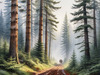 Printable art of a foggy morning in a spruce forest with muffled sounds