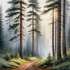Printable art of a foggy morning in a spruce forest with muffled sounds