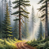 Printable art of a foggy morning in a spruce forest with muffled sounds