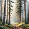 Printable art of a foggy morning in a spruce forest with muffled sounds