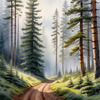 Printable art of a foggy morning in a spruce forest with muffled sounds