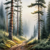 Printable art of a foggy morning in a spruce forest with muffled sounds