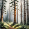 Printable art of a foggy morning in a spruce forest with muffled sounds