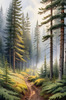 Printable art of a foggy morning in a spruce forest with muffled sounds