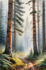 Printable art of a foggy morning in a spruce forest with muffled sounds