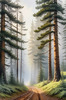Printable art of a foggy morning in a spruce forest with muffled sounds