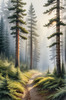 Printable art of a foggy morning in a spruce forest with muffled sounds