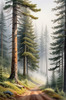 Printable art of a foggy morning in a spruce forest with muffled sounds