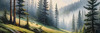 Printable art of a foggy morning in a spruce forest with muffled sounds