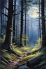 Printable Art of Deep Woods under Full Moonlight with Long Shadows